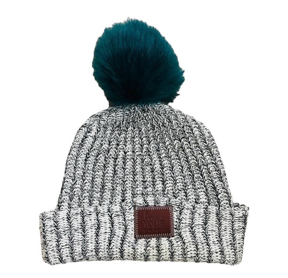 Love Your Melon Chunky Knit Black White Dark Green Pom Pom Beanie